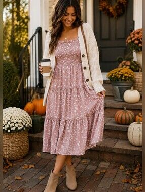 Dreimp Pink Spotted Smocked Tiered Midi Sundress Spaghetti Strap Size 8/10